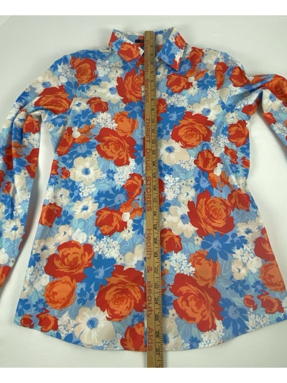 Lands End Size 2 No Iron Supima Cotton Blue Tangerine Zest Floral Button-Up Top - Picture 8 of 13